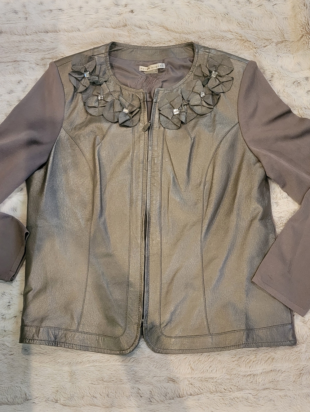 Peter Nygard Metallic Gray Floral-Appliqué Leather Zip Jacket